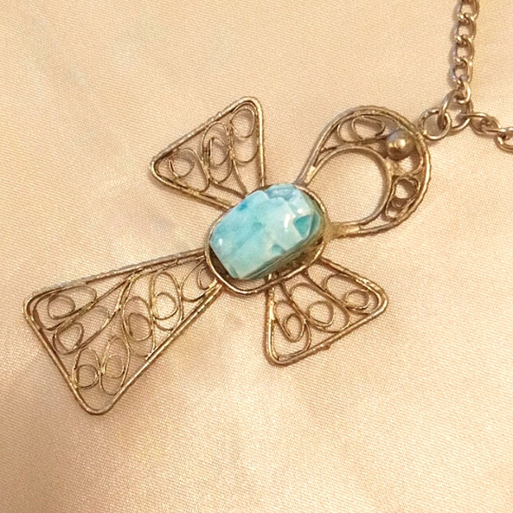 Angel Cross Pendant!  Large Turquoise Stone in Filigree Pewter Cross! 👼✝️